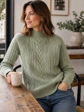 Autograph 100% Cashmere Mock Neck Cable Knit Sweater US 6 Mint Green Luxury Soft